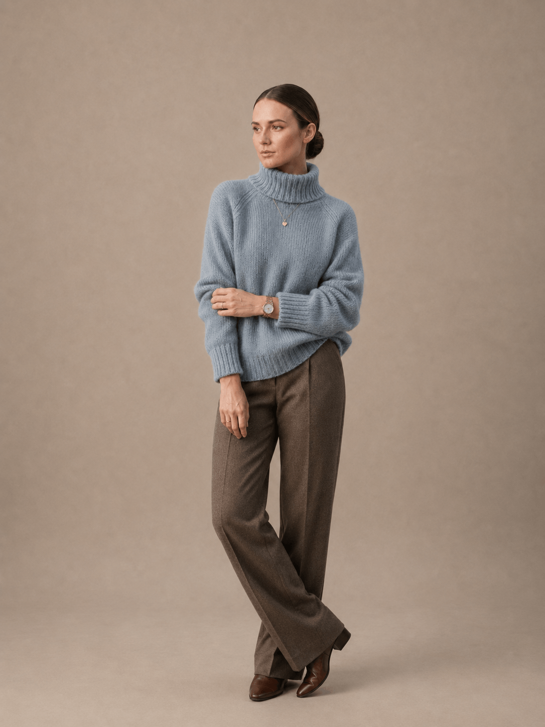 Oversized Turtleneck Jumper in Dusty Blue Ribbed Knit
