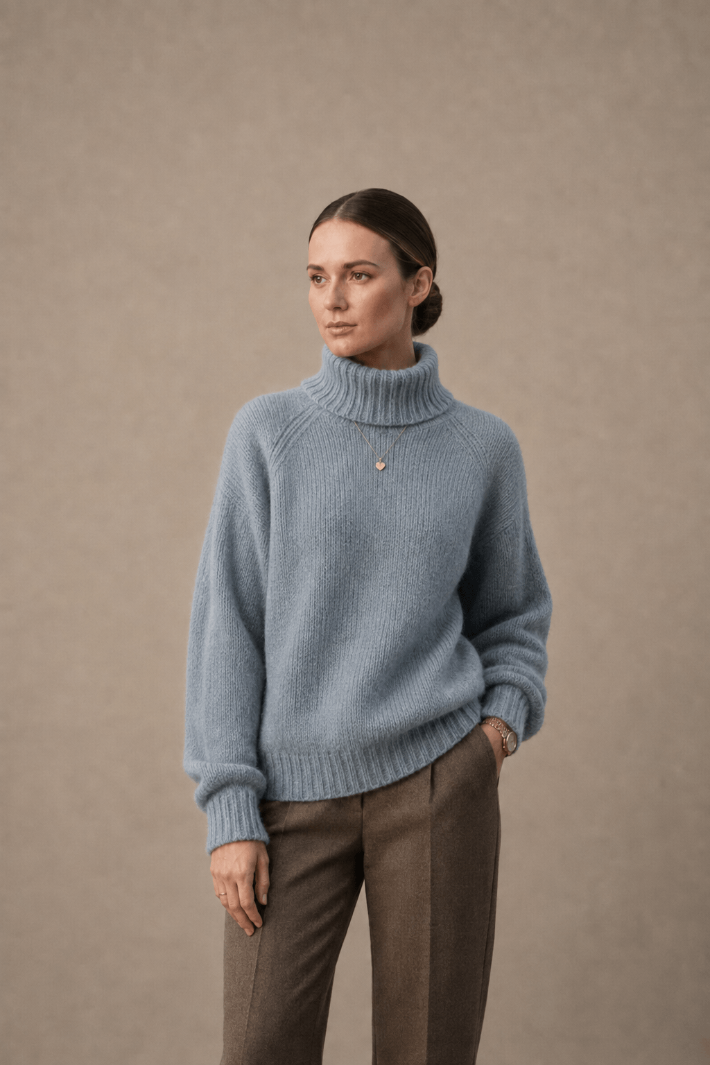Oversized Turtleneck Jumper in Dusty Blue Ribbed Knit